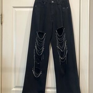 Black Distressed Wide-Leg Jeans with Chain Embellishments